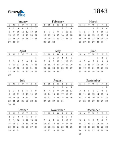 1843 Calendar (PDF, Word, Excel)