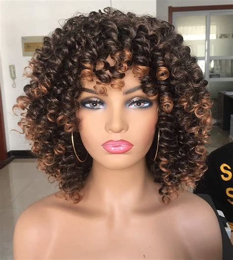 ANNIVIA Short Curly Wig For Black Women With Bangs Big Bouncy Fluffy Kinky Curly Wig Heat Resist ...