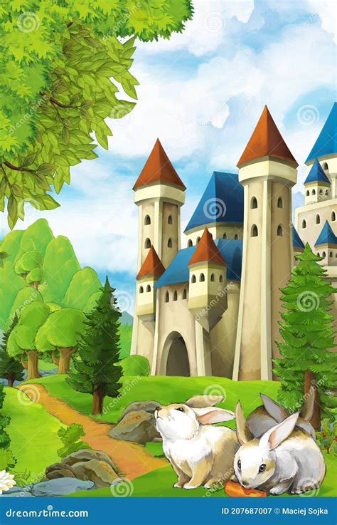 Cartoon Nature Scene with Waterfall Rabbit Castle in Background Stock ...