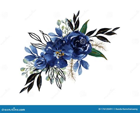 Watercolor Elegant Vintage Navy Indigo Blue Flower Bouquet and Leaves ...