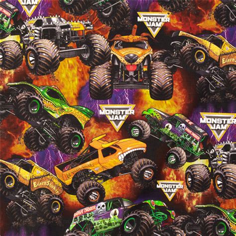 Large Monster Jam Trucks Fire Fabric by Sykel Enterprises - modes4u