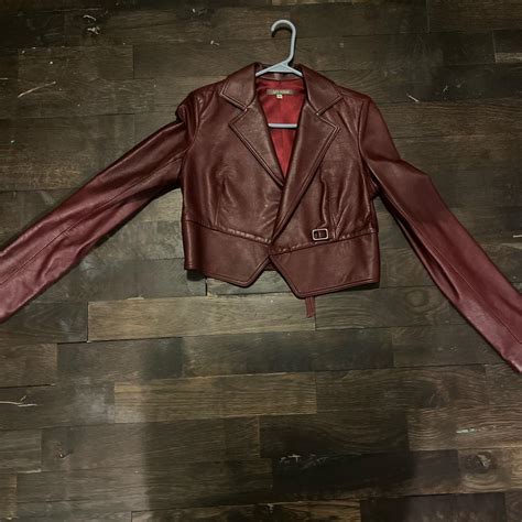 Cropped faux leather burgundy jacket large but fits M - Depop