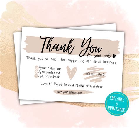 Printable Thank You Card For Small Business Add Logo Thank | Etsy