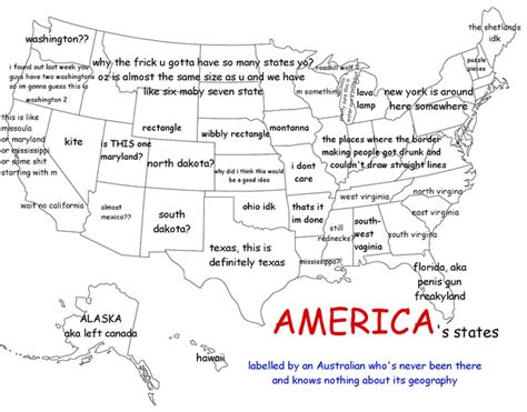 A Funny Map of the United States as Labeled by an Australian