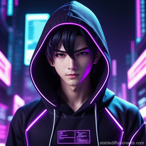 Anime Boy Coding in Dark Hoodie | Stable Diffusion en línea