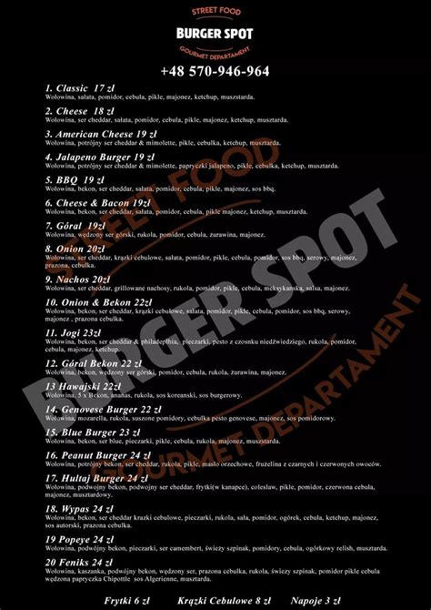 Menu at Burger Spot restaurant, Jaroslaw