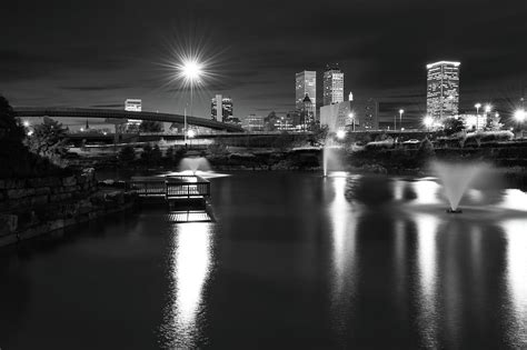 Night Tulsa Skyline - Centennial Park Reflections - Black and White ...