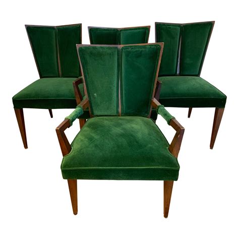 Mid Century Modern Wood Green Velvet Dining Chairs-Set of 4 | Chairish