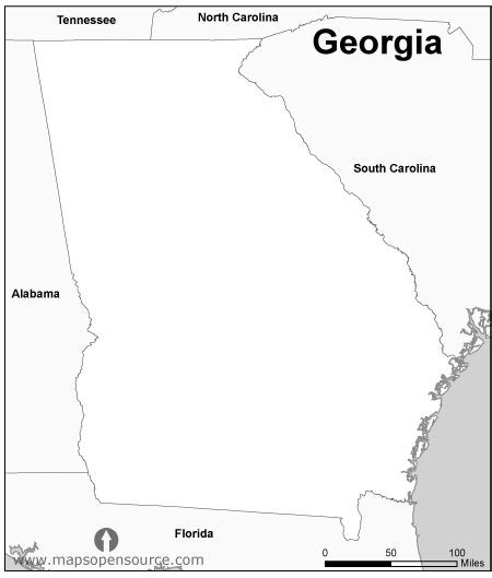 Free Georgia State Outline Map black and white | Black and White Outline Map of Georgia State ...