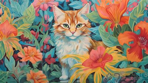 Premium AI Image | A painting of a cat in a garden with flowers.