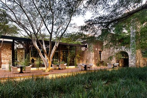 an outdoor dining area with tables and chairs under a tree in front of a stone building