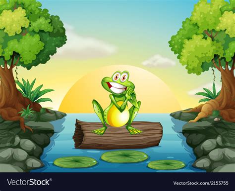 A frog at the river standing above the log Vector Image