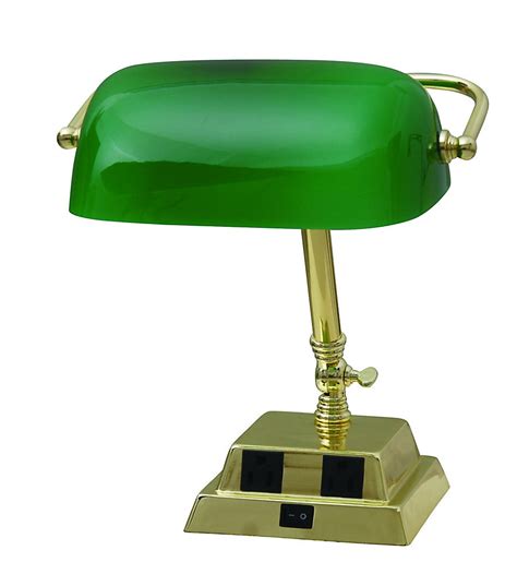 Hampton Bay 13.8-inch Bankers Lamp in Brass with Green Glass Shade and 2 Outlets | The Home ...