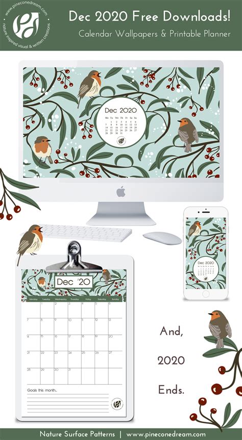 December 2020 Free Desktop/Mobile Calendar Wallpapers, Illustrated – Winter Berries & Robins ...