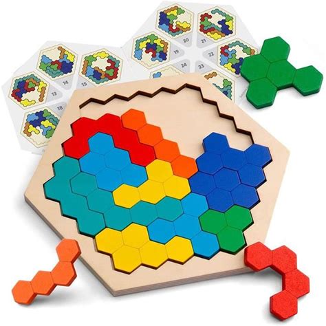 En Bois Hexagone Puzzle - Forme Bloc Tangram Casse-tête Jouet Géométrie Logique IQ Jeu STEM ...