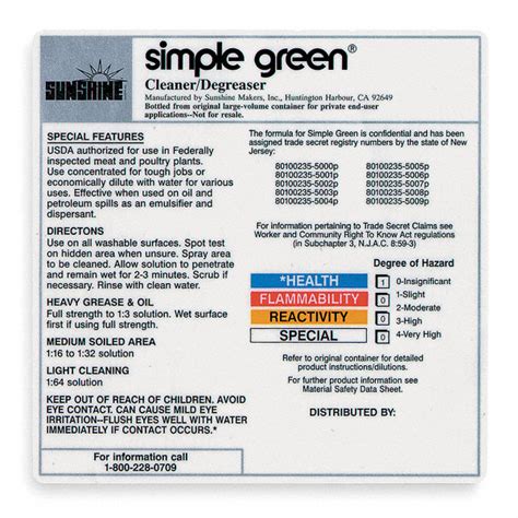 SIMPLE GREEN Secondary Label,PK10 - 2U391|LSG - Grainger