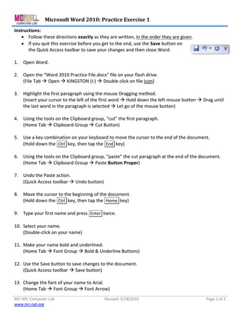Microsoft Word 2010: Practice Exercise 1 Instructions