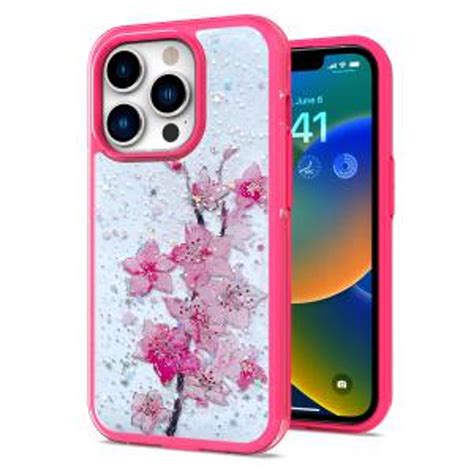 IP 14 Pro Max Floral Epoxy Glitter Colorful Frame Case Light Pink ...