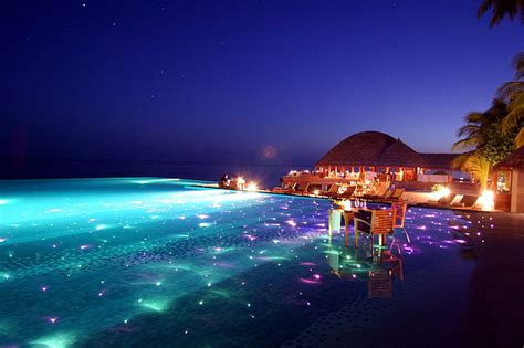 HD wallpaper: brown mountain, maldives, tropical, resort, evening, night, architecture ...