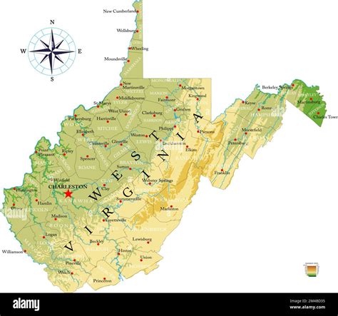 Highly detailed physical map of the West Virginia, in vector format ...