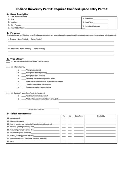 Confined Space Entry Permit Form printable pdf download