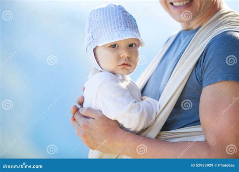 Cute Toddler Boy in Sling, Father Carrying Son Stock Image - Image of camera, sling: 52983929