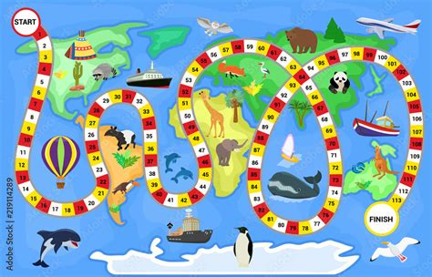 Board game vector cartoon kids boardgame on world map background with playing path or way ...