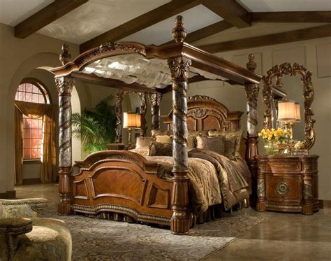 Bedroom. victorian style brown glaze wooden canopy bed with carved ...