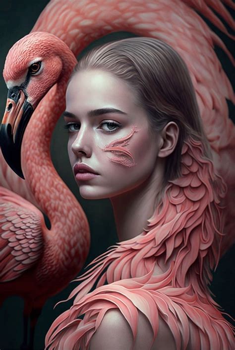 a painting of a woman and two flamingos