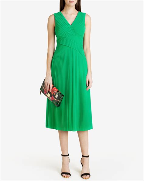 Ted baker Pleated Midi Dress in Green (Dark Green) | Lyst