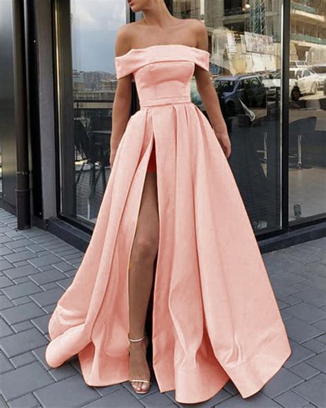 Elegant A Line Satin Peach Color Long Prom Dress Off The Shoulder Slit ...