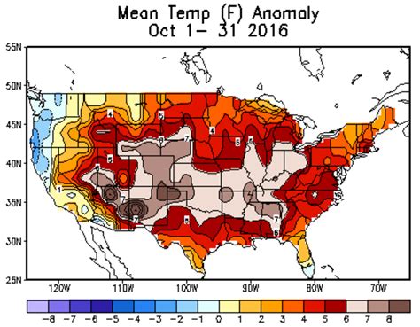 Map: October 2016 Mean Temperature Anomaly (°F) | Climate Signals