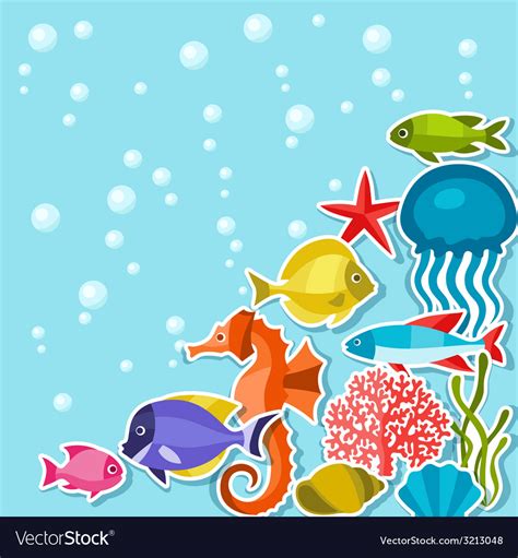 Marine life sticker background with sea animals Vector Image