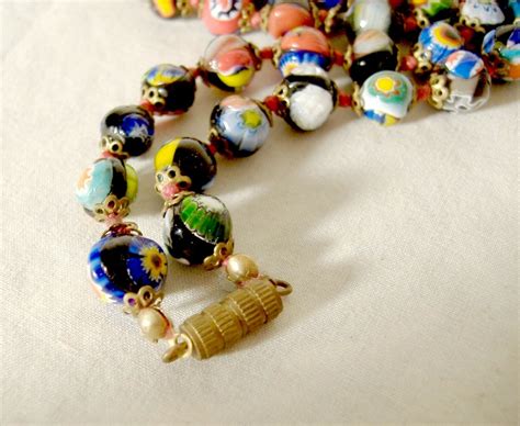 Vintage Millefiori Glass Beads Necklace Italian Murano Venetian 24"