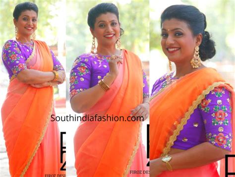 Roja in a plain saree and designer blouse – South India Fashion