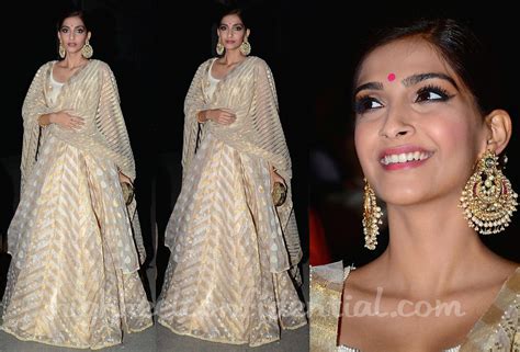 Wearing an off-white and gold House Of Kotwara lehenga, Sonam attended a recent Awards event ...