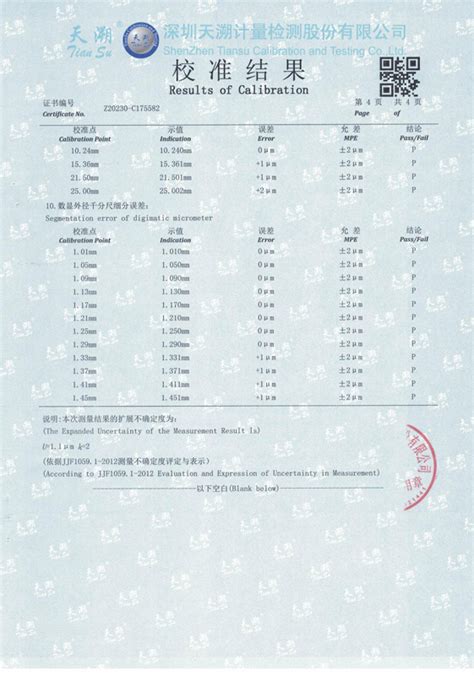 Digital Outside Micrometer Calibration Certificate