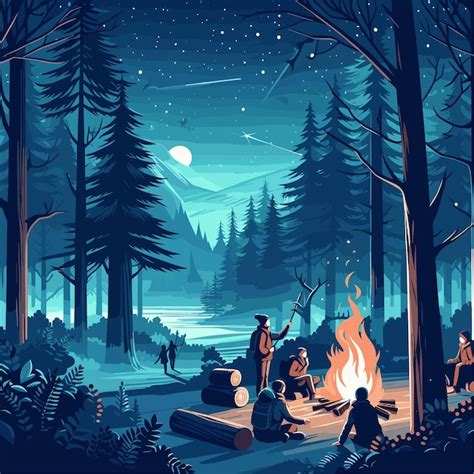 Premium Vector | Vector bonfire night in forest illustration