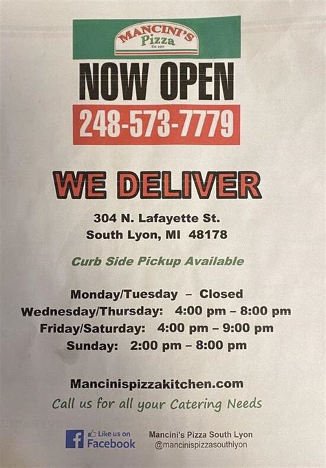 Menu at Mancini's Pizza Kitchen pizzeria, South Lyon