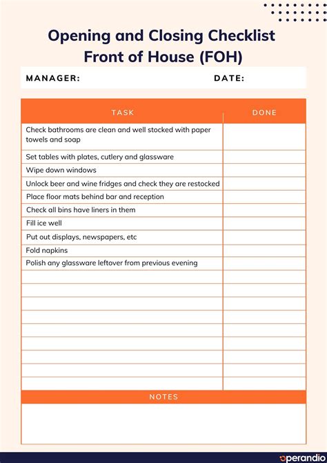 Bar Opening And Closing Checklist Template