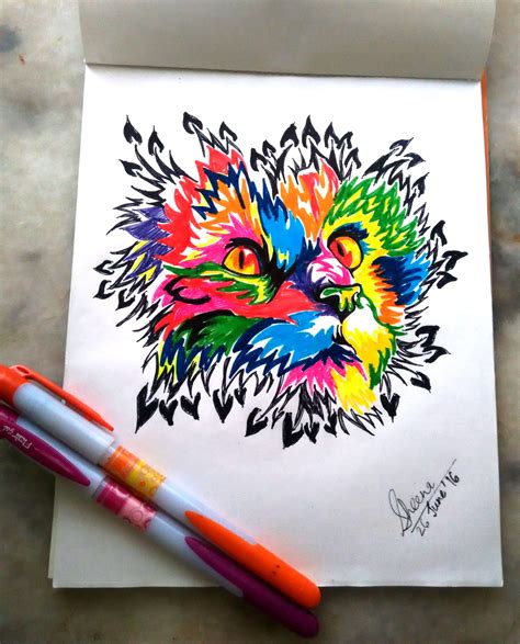 Colorful drawing of a cat made by sketch pens, black bold marker and ...