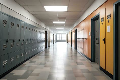 Row of lockers in a school corridor. 3d render. An empty high school corridor interior view with ...