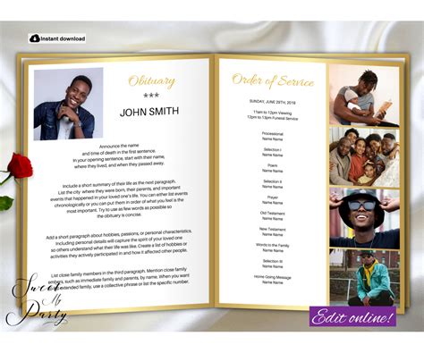 Gold Funeral Program Obituary Template 11x17|Gold Memorial Service Program Tabloid|Male ...