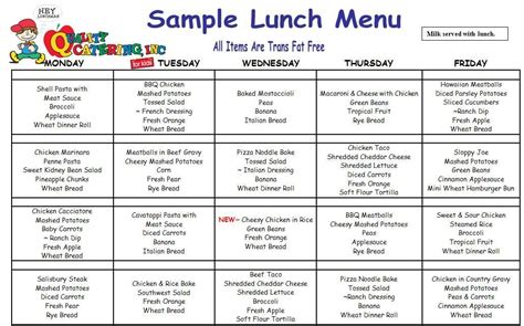 Daycare lunch menu, Lunch menu, School lunch menu