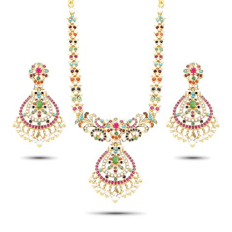 22K Gold Navratna Necklace Set (53.25G) - Queen of Hearts Jewelry