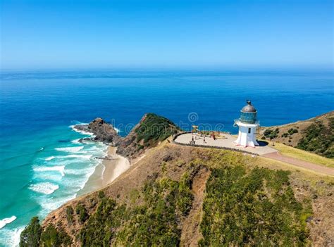 Stunning Wide Angle Aerial Drone View of Cape Reinga Lighthouse at Cape Reinga Stock Image ...