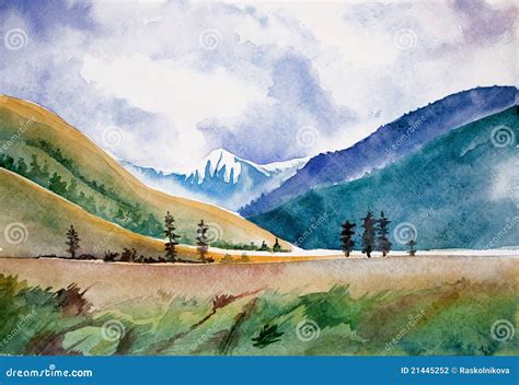 Watercolor Landscape with Mountains Stock Illustration - Illustration ...