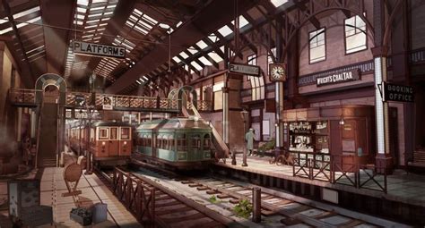 an old train station with two trains on the tracks