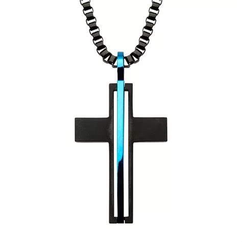 Men's Stainless Steel Black & Blue Cross Pendant Necklace