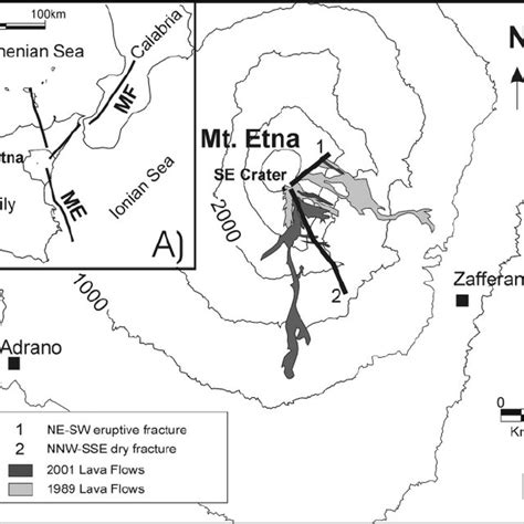 A) Map of main regional fault systems: MF = Messina-Fiumefreddo fault ...